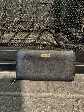 Furla Black Saffiano Zip Wallet with Gold Plaque